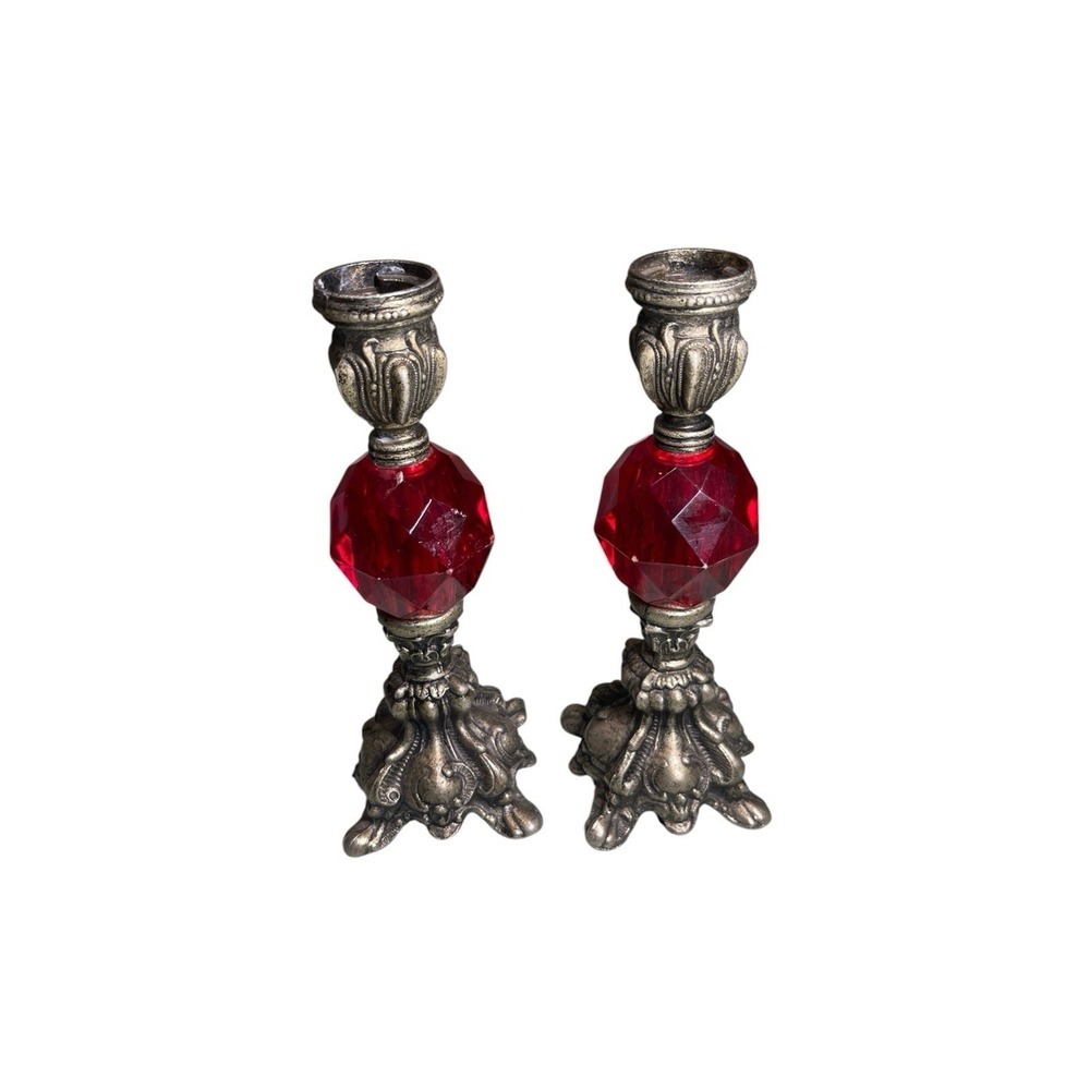 Set Of 2 Hollywood Regency Style Ruby Red Candlestick Holders Pair Vintage Decor